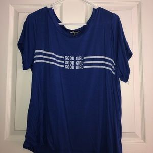 A blue graphic tee